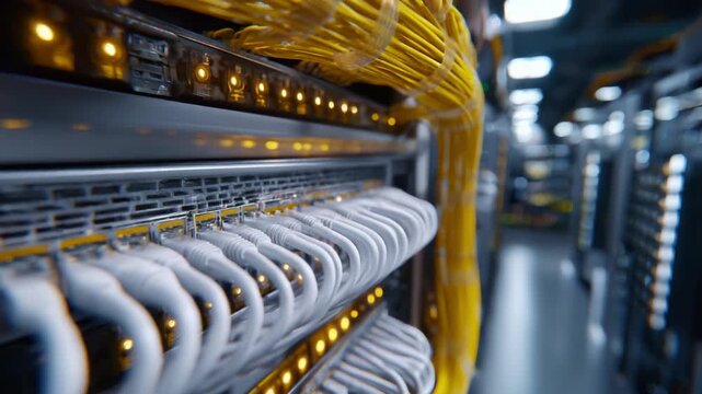 Advanced Data Center Infrastructure with Organized Cables and Illuminated Network Interfaces for Optimal Data Transfer and Connectivity Solutions