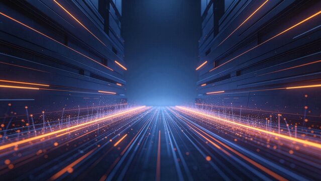 Abstract high speed data transfer corridor with glowing light trails,big data streaming and cloud computing infrastructure background for futuristic technology network