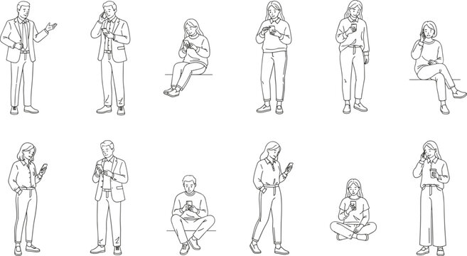 Black and white vector illustration of twelve people using mobile phones in casual and professional everyday lifestyle settings