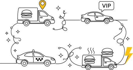 Fototapeta premium Online Food Delivery and Transportation Service Concept Vector Set Featuring Fast Burger Delivery Truck, Taxi Cab, VIP Car, and Logistics Tracking Symbols