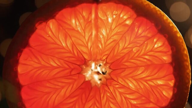 Close-up of a vibrant, translucent grapefruit slice, illuminated from behind, showcasing its intricate internal structure and juicy texture, perfect for healthy eating and fresh fruit concepts.