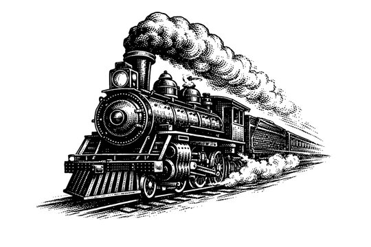 Classic black and white engraving of a vintage steam locomotive, featuring a powerful old railway engine with thick smoke, majestically gliding on tracks. Iconic illustration of historic industrial tr