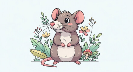 Naklejka premium Cute cartoon mouse standing in garden with flowers and leaves looking curious adorable animal illustration