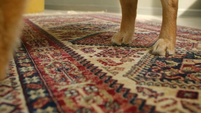 Close up of dog furry paws walking across beautiful, intricate persian rug, highlighting traditional oriental patterns and pet gentle steps on soft carpet. Dog paws walking on ornate persian rug