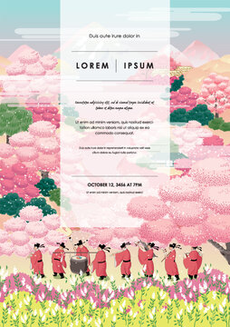 Joseon Dynasty Royal Court Musicians Parade Under Cherry Blossoms in Spring, Template Vector Illustration