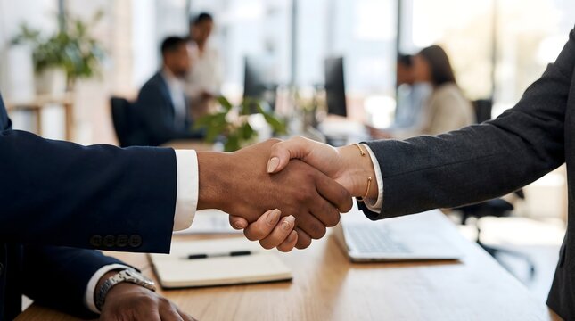Close-up of two professionals shaking hands across an office desk, only hands and arms visible, blurred office background, natural lighting, professional corporate mood, no faces