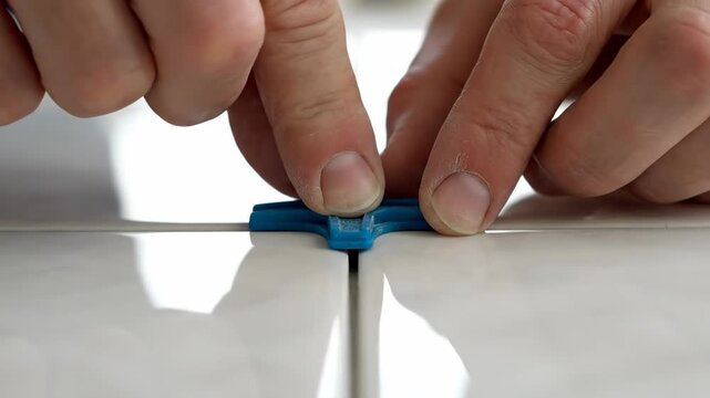 Close-up of hands placing a blue tile spacer between white ceramic tiles. Home renovation and DIY tile installation project. Precision and craftsmanship