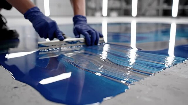 Hands in blue gloves applying marbled epoxy floor coating with a notched squeegee. Decorative industrial floor installation. Artistic resin finish