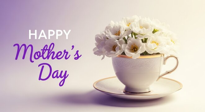 Happy mother's day wishes with beautiful white flowers in tea cup