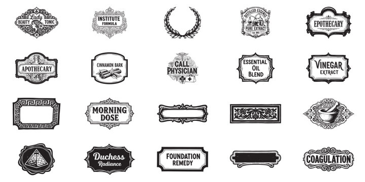 Retro medicinal labels and apothecary tags with ornate scrollwork and classic typography set