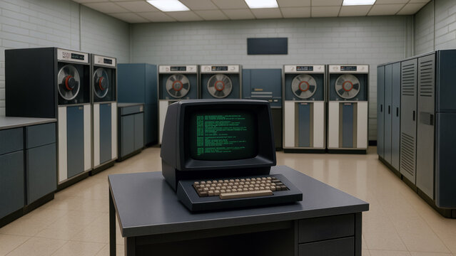 Vintage computer terminal displaying green text code in retro mainframe server room.