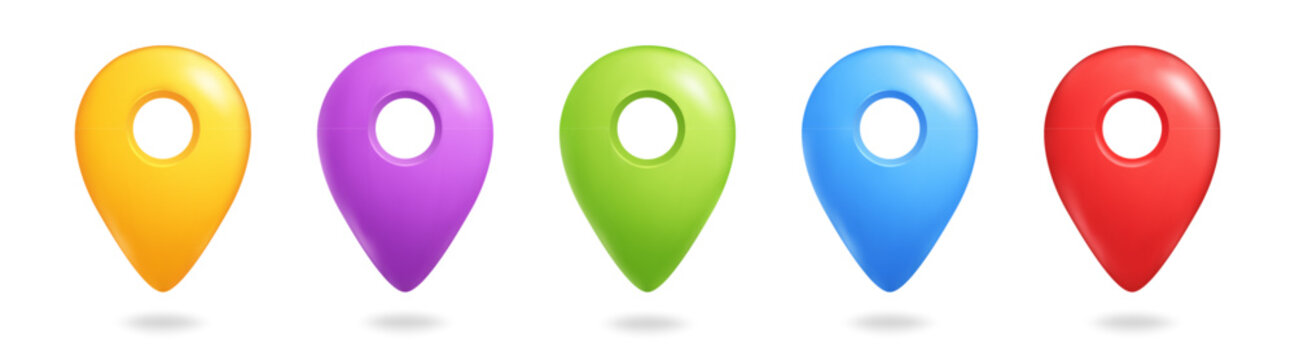 Colorful Glossy Map Pin Icons Set, 3D Location Markers for GPS Navigation and Mobile UI Design. Vector illustration isolated on white background.