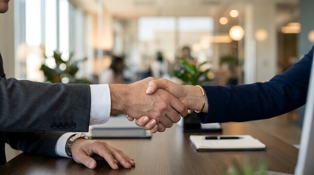 Close-up of two professionals shaking hands across an office desk, only hands and arms visible, blurred office background, natural lighting, professional corporate mood, no faces