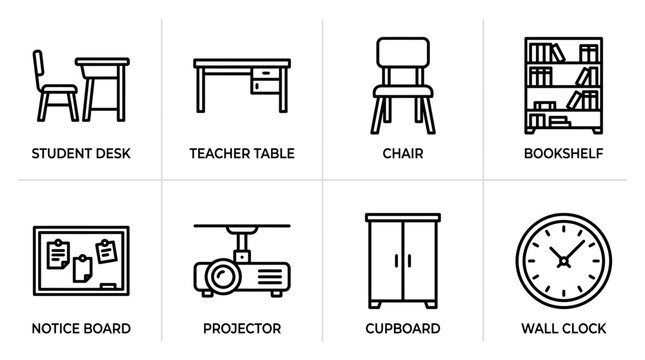 Outlined icons of classroom essentials including student desk, chair, teacher table, projector, bookshelf, notice board, cupboard, and wall clock, symbolizing education, learning, and school environme