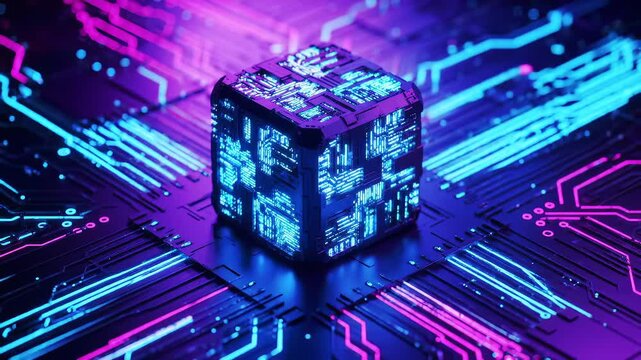 Futuristic circuit cube with glowing lines