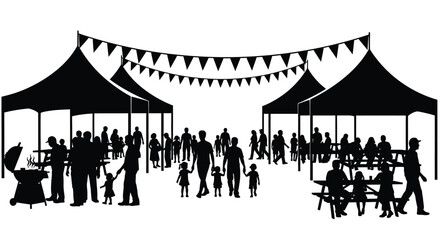 Black silhouette figures enjoying a lively outdoor barbecue gathering under festive market tents © Amna