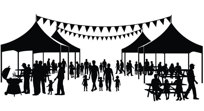 Black silhouette figures enjoying a lively outdoor barbecue gathering under festive market tents