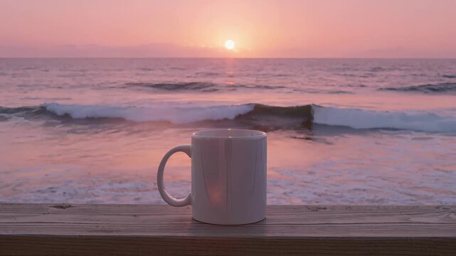 White Coffee Mug on a Wooden Deck at Sunset Beach. Seamless looping 4k video background