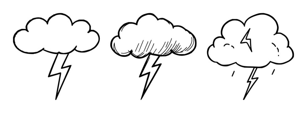 Storm cloud set with doodle illustration of a storm cloud and a single lightning bolt featuring playful weather style, thick lines, white background with cartoon illustration and minimalist design