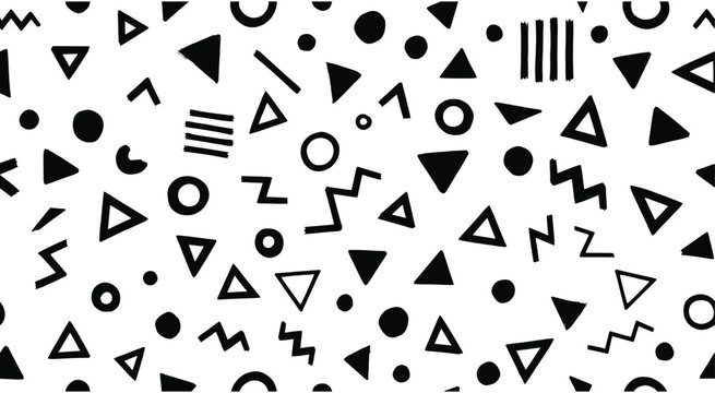 Playful black and white geometric shapes, including triangles, circles, and lines, form a seamless retro graphic background.