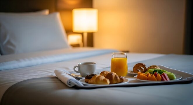 Executive Breakfast: Close-up of a continental breakfast tray in a premium suite, perfect for business travel and lifestyle blogs.