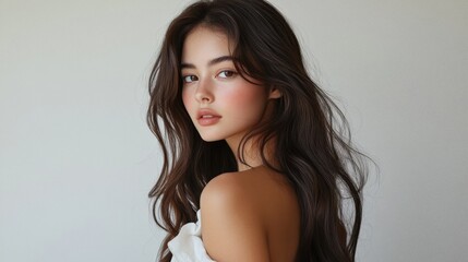 Naklejka premium Beautiful Young Woman with Long Wavy Dark Hair and Freckles, Looking Over Shoulder