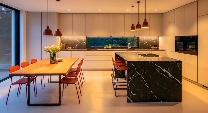 Designer Kitchen Island: Professional kitchen setup with black marble islands, warm pendant lighting, and modern bar stools.
