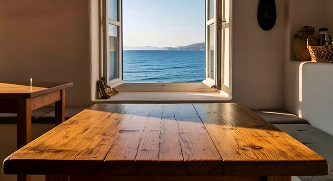 Ocean View Window: Sunlight streaming through an open window onto a polished wooden floor with a breathtaking sea horizon.
