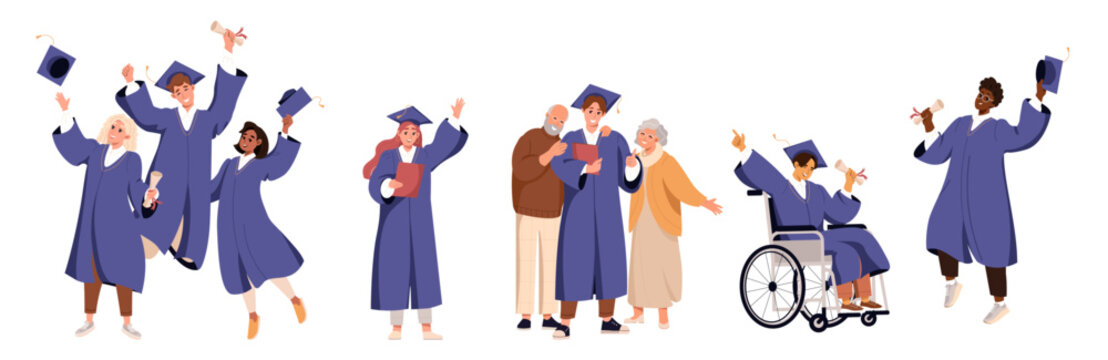Graduation day vector illustration. Happy diverse graduates celebrating graduation ceremony with diplomas. Group of multiethnic students in graduation gowns and caps. Inclusive education concept