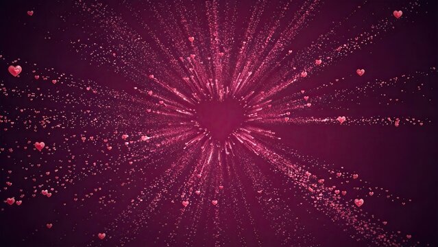 Pink heart particles exploding in a radial burst on a dark magenta background abstract digital illustration for romance love and Valentines Day themes,detail,detail,detail