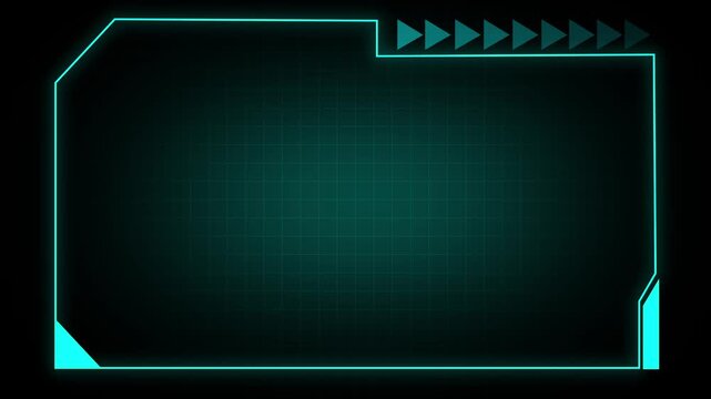 Futuristic display screen with glowing cyan border and arrow indicators on top right