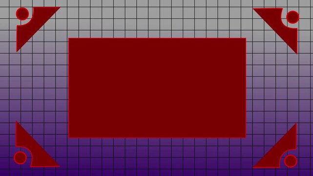 Geometric design with central red rectangle and corner decorative elements on grid background