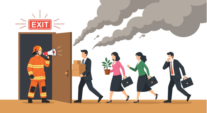 Firefighter guides office workers evacuating a smoke-filled building through an emergency exit during a crisis.