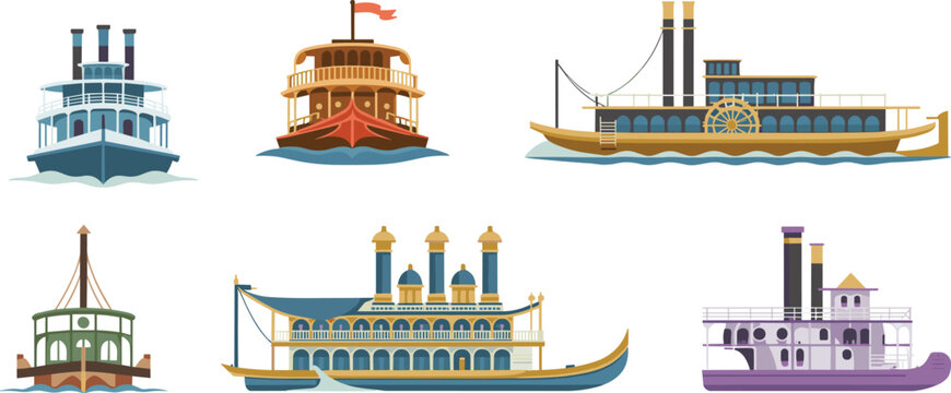 Vintage steamboat and riverboat flat vector illustration set featuring historical paddle wheel ships for nautical travel and heritage tourism.