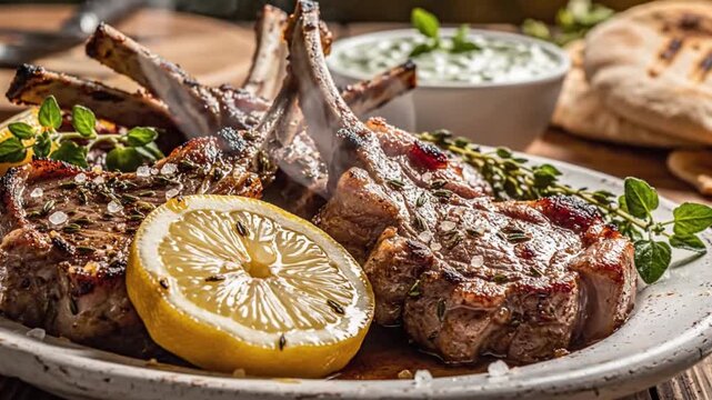 Delicious Grilled Lamb Chops with Lemon and Herbs, Served with Tzatziki and Pita Bread.
