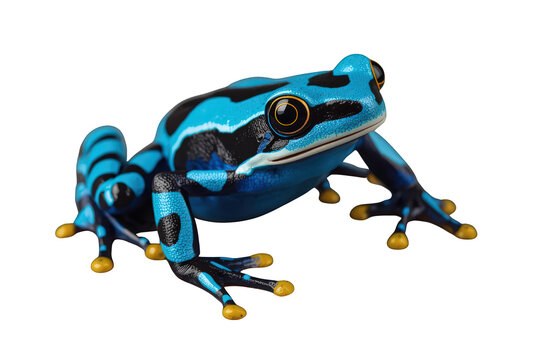 Blue poison dart frog with black stripes and yellow toes, an exotic amphibian on transparent background