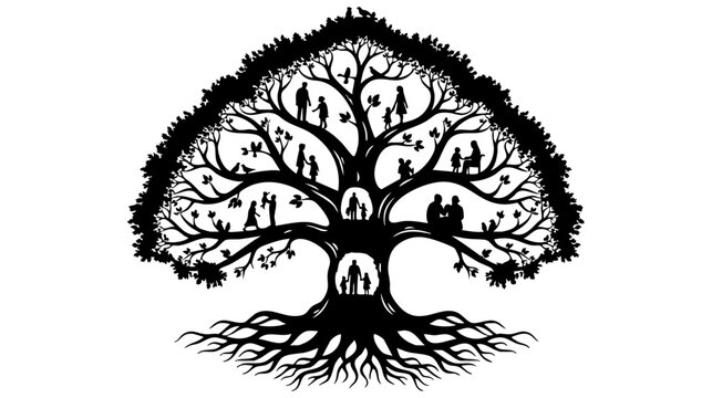 Black silhouette of a large spreading family tree featuring many people within its intricate limbs isolated on transparent background, Vector