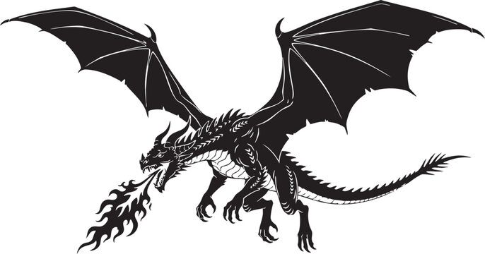 A fierce black silhouette of a mythical dragon in flight breathing out a stream of hot flames isolated on transparent background, Vector