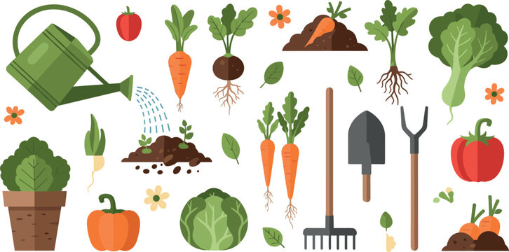 Gardening and Fresh Vegetables Vector Set with Watering Can, Carrot, Cabbage, Pepper and Farm Tools for Organic Garden, Plant Care and Harvest Design