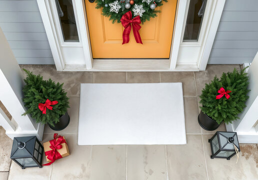 Blank white welcome doormat mockup, ai generated. Empty absorbent coir carpet on floor near christmas decoration background. Clear dirt mat for wipe and safe outdoor template.