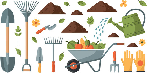 Gardening Tools and Equipment Vector Set with Shovel, Rake, Wheelbarrow, Watering Can and Gloves for Farm Work, Plant Care and Organic Garden Design © Afroja