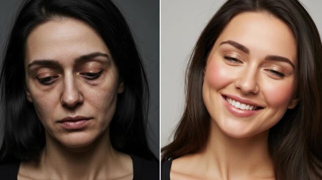 Woman's face, consequences of substance abuse, contrasting a healthy, vibrant, and well-being lifestyle, promoting positive choices and transformation