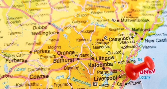 View of Liverpool, is a suburb of South Western Sydney, in the state of New South Wales, Australia, on a geographical map of Australia and New Zealand, marked with red push pin
