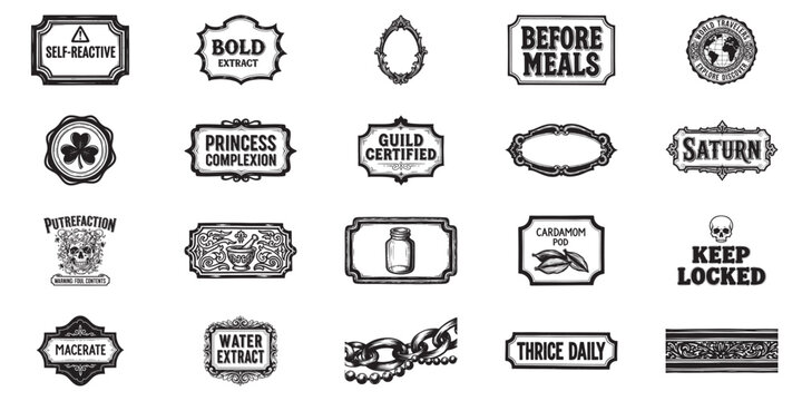 Hand drawn pharmacy stickers including guild certified and princess complexion label design