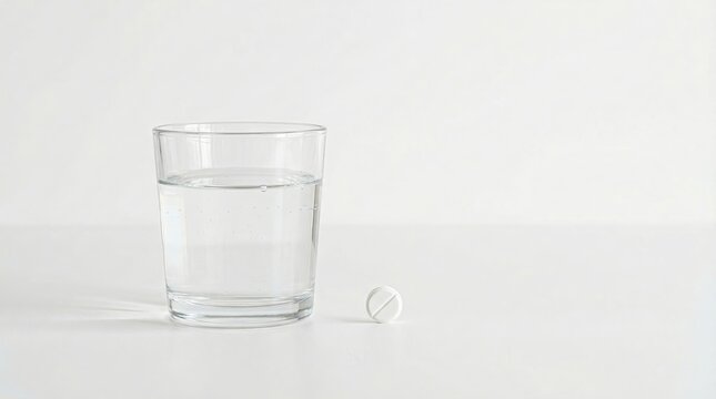 Glass water pill on minimalist table, closeup conveying calm self care ritual, single tablet