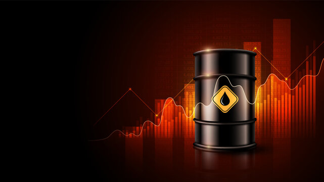 Rising oil prices crisis concept: Oil barrel with glowing financial market bar chart on dark background, vector illustration