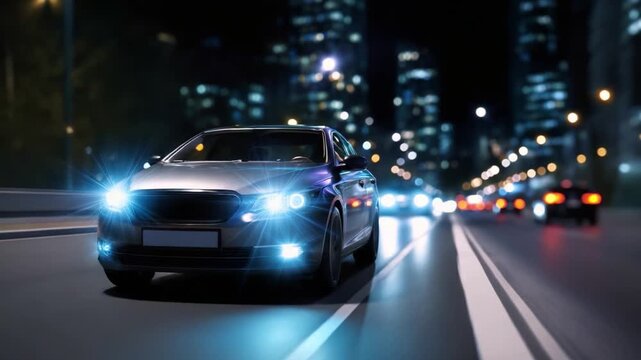 A Dynamic Nighttime Journey: Sleek Automobile Racing Through a Cityscape Illuminated by Vibrant Lights, Capturing the Essence of Urban Life and Autonomy