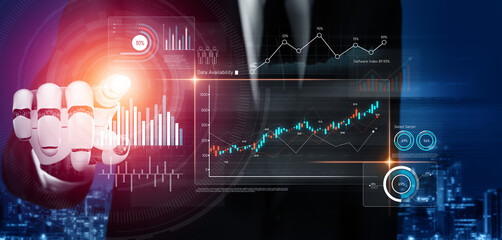 Obraz premium AI analyzing data analytics dashboard, detecting financial patterns, visualizing metrics, and generating insights for business decision-making and performance forecasting. Vouch