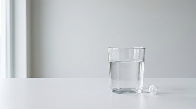 Glass water pill on minimalist table, closeup conveying calm self care ritual, single tablet