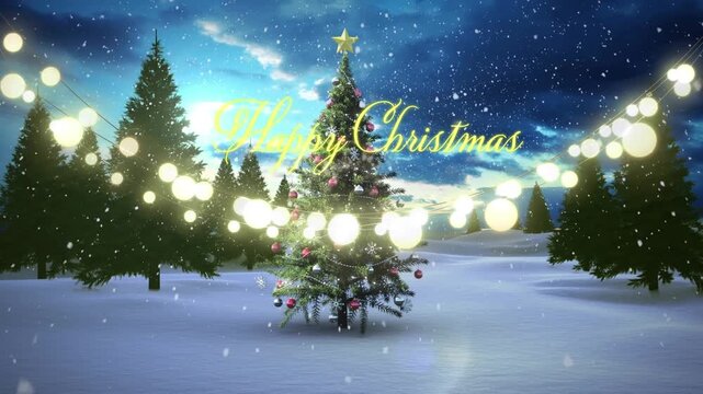 Animation of happy christmas text over christmas tree